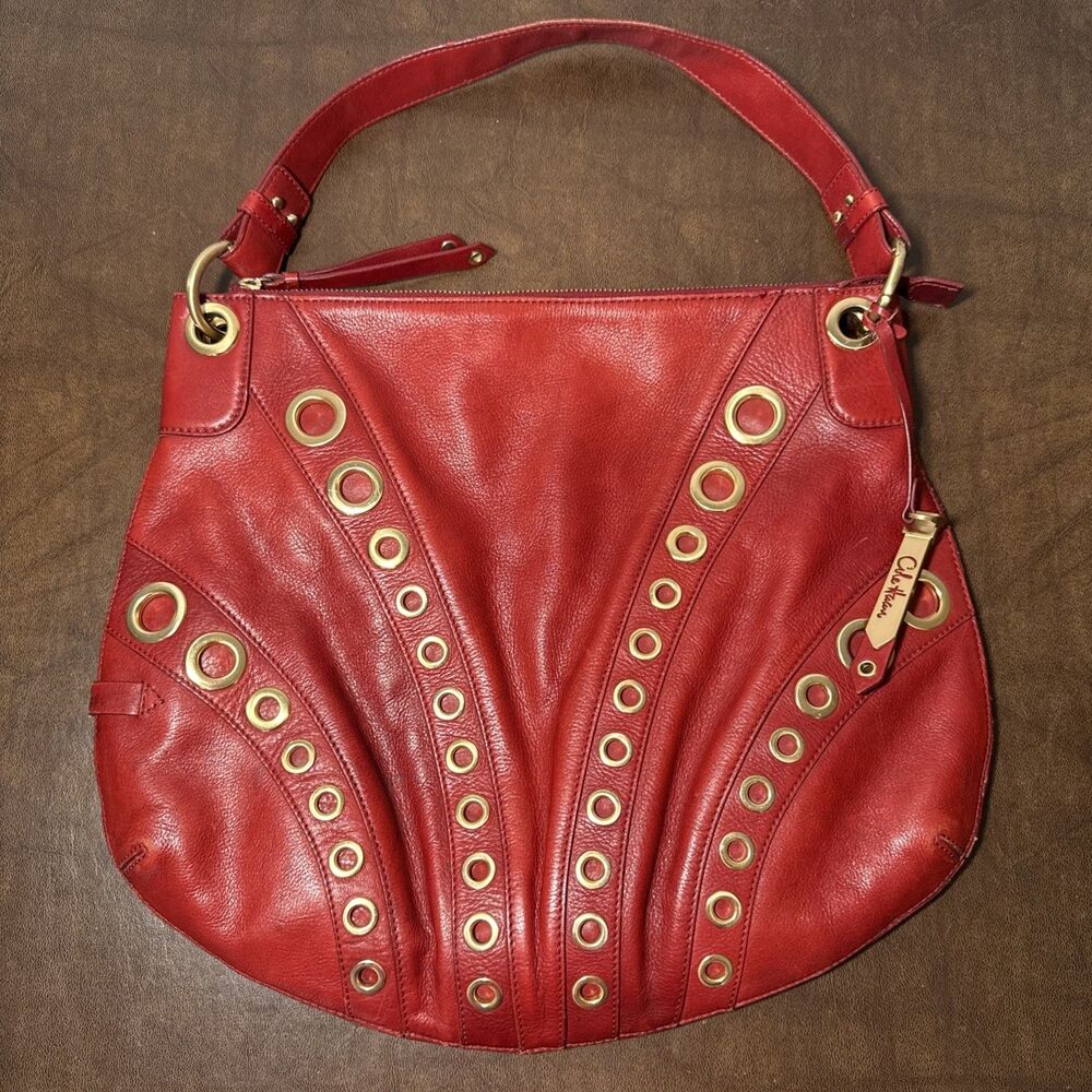 COLE HAAN Red Leather Gold Tone Grommet Hobo Shoulder Handbag w/ Key Keeper EUC